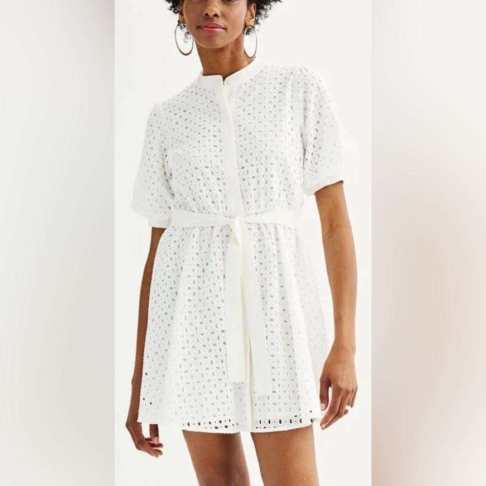 Nine West White Belted Puff Sleeve Eyelet Dress Fit Flare Cottagecore M NEW